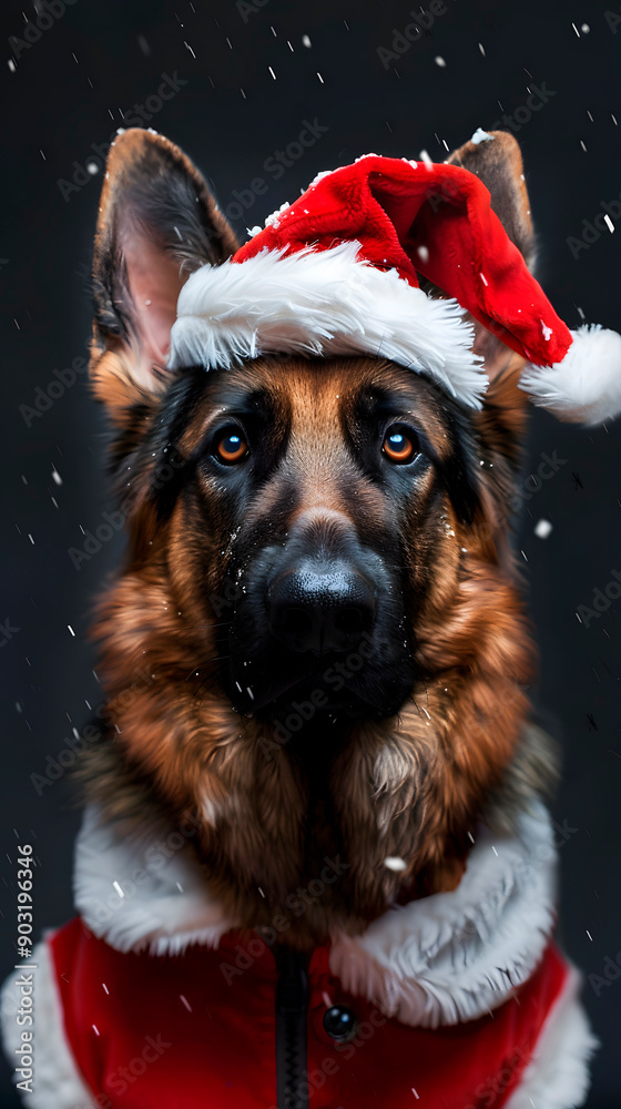 Imagen vertical de la cabeza de un pastor alemán con gorro navideño en fondo negro Imagen vertical de la cabeza de un pastor alemán con gorro navideño en fondo negro