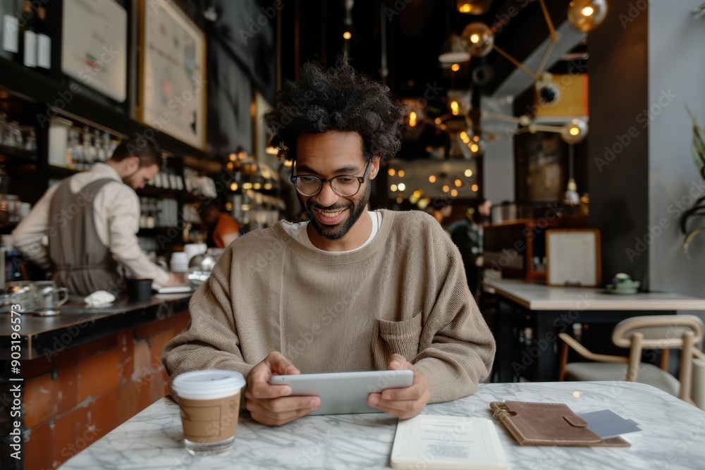 A man with a stylish afro and glasses smiles while using a tablet at a trendy cafe, with a coffee cup on the marble table and modern decor and other patrons in the background. A man with a stylish afro and glasses smiles while using a tablet at a trendy cafe, with a coffee cup on the marble table and modern decor and other patrons in the background.