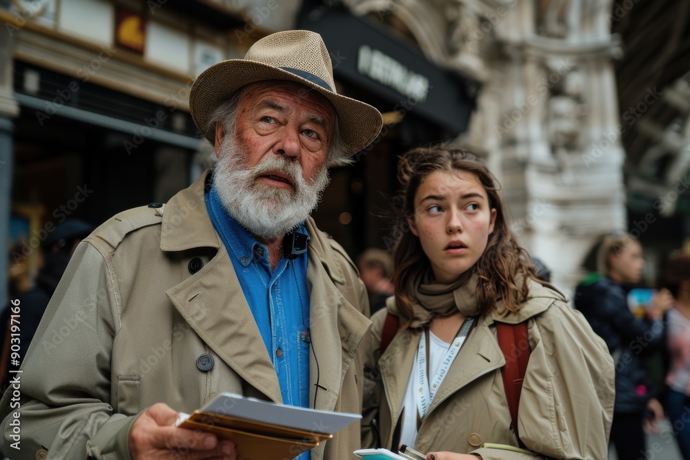 Fototapeta premium An older man and a young woman, holding a map, are examining their surroundings in an urban area, signifying their intention of exploring and understanding the locale.