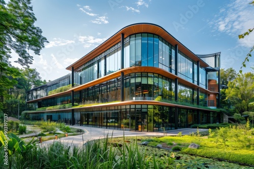 A contemporary office building featuring a sleek glass facade, integrated greenery, and open patios set against a lush, natural backdrop under a clear, blue sky.