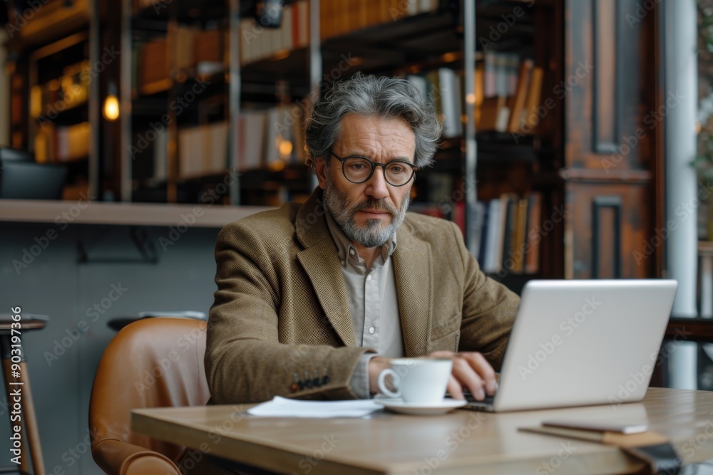 A grey-bearded man with glasses intently working on his laptop in a cozy library setting, exuding a sense of professionalism and dedication, next to a cup of coffee. A grey-bearded man with glasses intently working on his laptop in a cozy library setting, exuding a sense of professionalism and dedication, next to a cup of coffee.