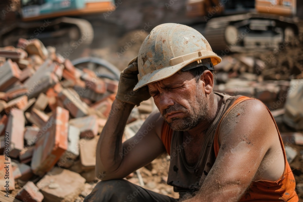 A worn-out construction worker taking a break amid piles of bricks and construction debris, emphasizing the toughness and demanding nature of the work environment. A worn-out construction worker taking a break amid piles of bricks and construction debris, emphasizing the toughness and demanding nature of the work environment.