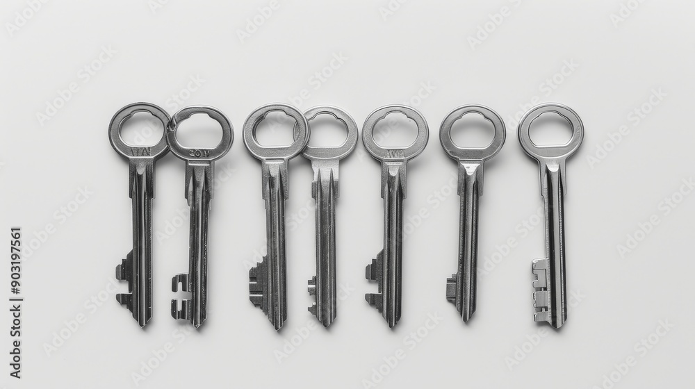 A row of six silver keys arranged in a line on a white surface, emphasizing their standard yet essential design, crucial for everyday security and accessibility. A row of six silver keys arranged in a line on a white surface, emphasizing their standard yet essential design, crucial for everyday security and accessibility.