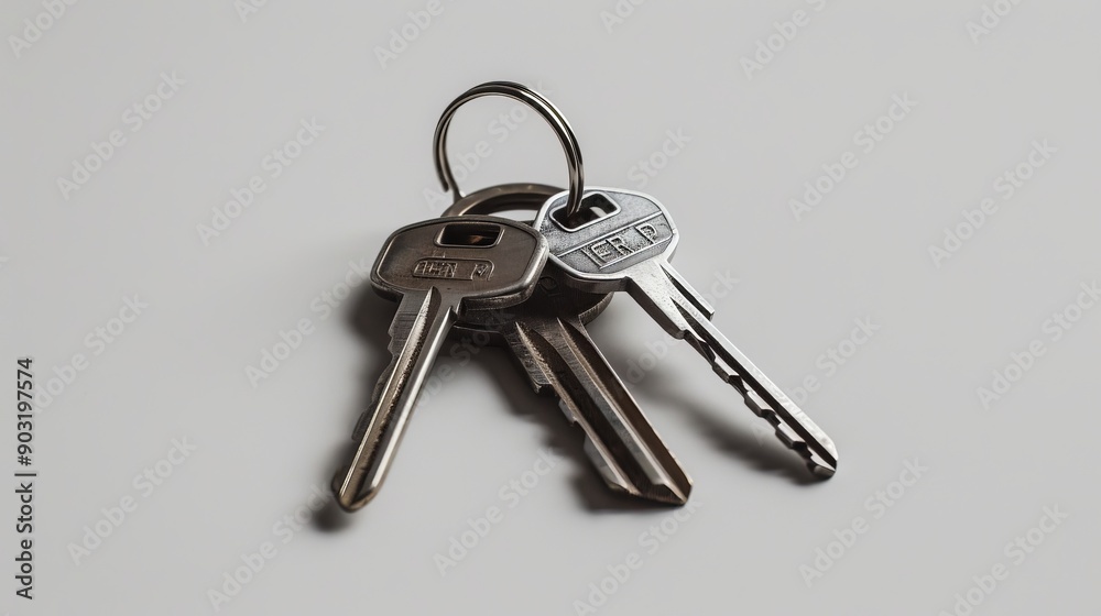 An image of two metallic keys attached to a keyring, placed on a white background, showcasing typical, everyday keys used for home or business security. An image of two metallic keys attached to a keyring, placed on a white background, showcasing typical, everyday keys used for home or business security.