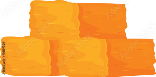 Three yellow hay bales stacked on top of each other forming a pyramid, isolated on a white background