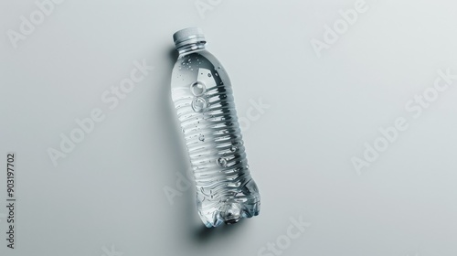 A clear plastic water bottle lies on its side against a clean background, showcasing its transparency and the refreshing nature of the water inside.