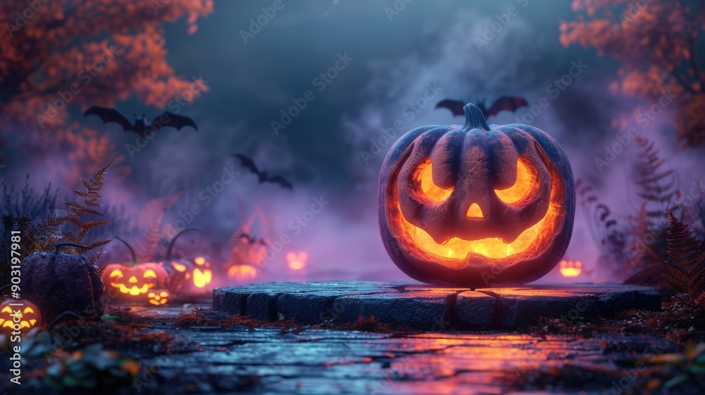 A high-resolution 3D podium for Halloween with a pumpkin theme, displayed on an autumn stage with a smoky dark background, purple night sky, and fog with bats A high-resolution 3D podium for Halloween with a pumpkin theme, displayed on an autumn stage with a smoky dark background, purple night sky, and fog with bats