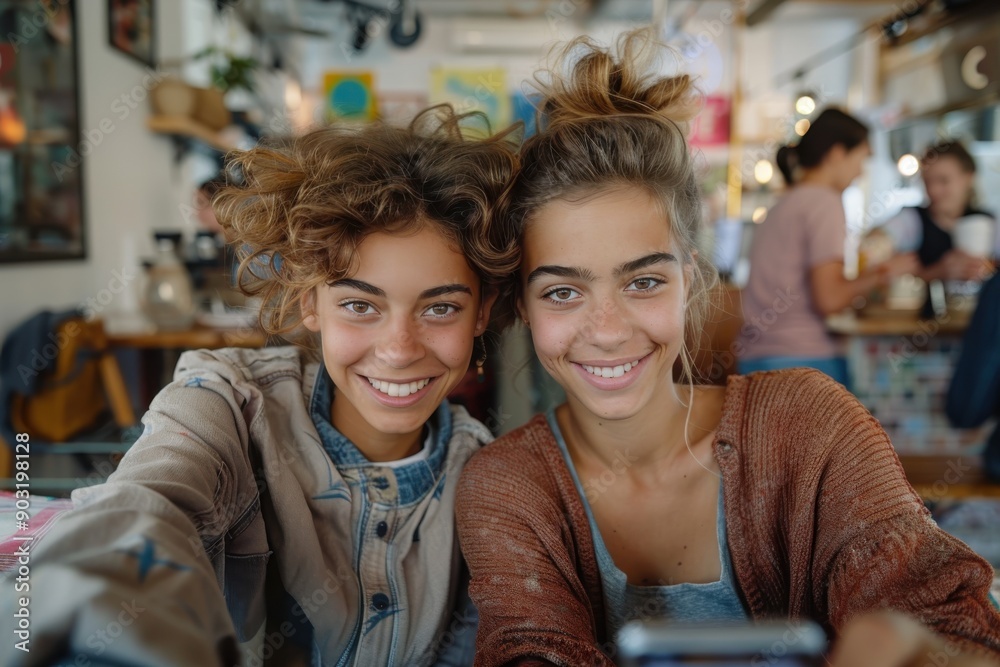 Two happy twin girls, sitting in a lively cafe, smiling warmly into the camera, holding phones, exuding a sense of togetherness, joy, and youthful energy. Two happy twin girls, sitting in a lively cafe, smiling warmly into the camera, holding phones, exuding a sense of togetherness, joy, and youthful energy.