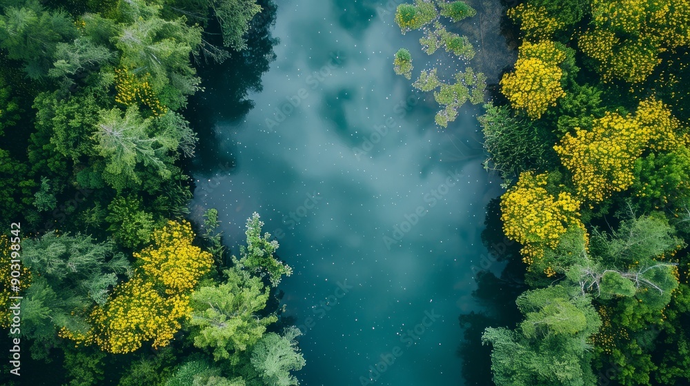 Aerial view of lush green forest surrounding tranquil blue water with yellow blossoms Aerial view of lush green forest surrounding tranquil blue water with yellow blossoms