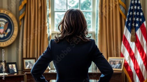 Female presidential candidate standing in the west wing. Democrat female politician standing in the oval office of the White House.  photo