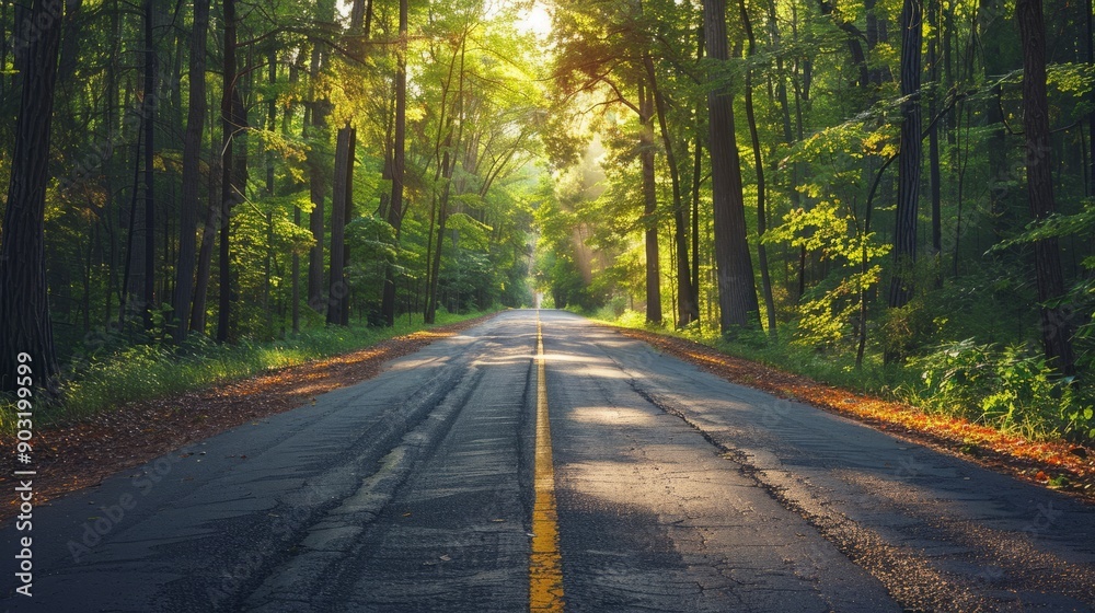 Fototapeta premium Sunny day along a long deserted road flanked by trees