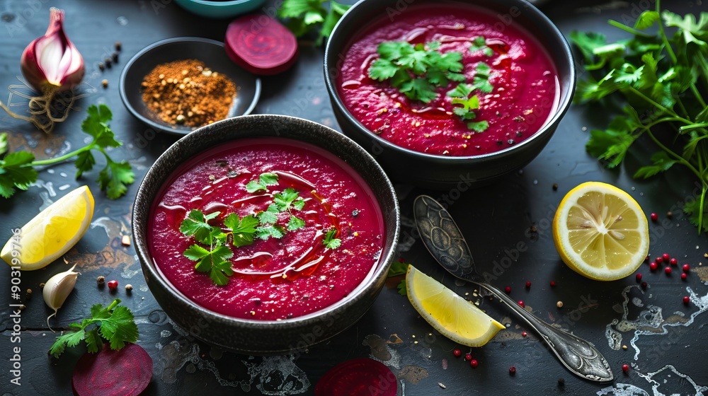 Two bowls of beetroot soup with parsley and lemon Two bowls of beetroot soup with parsley and lemon
