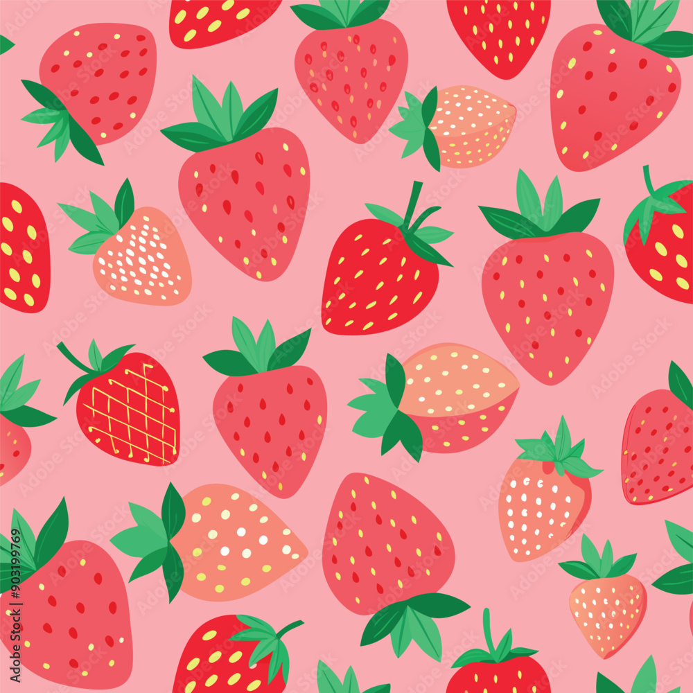 Strawberry vector background. Fruit print. Berry seamless pattern for fabric, prints, textile, wrapping paper, birthdays, invitations. Abstract summer background. Vegetarian healthy food illustration Strawberry vector background. Fruit print. Berry seamless pattern for fabric, prints, textile, wrapping paper, birthdays, invitations. Abstract summer background. Vegetarian healthy food illustration