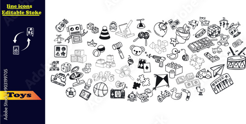 Toys icon set. Containing robot, bike, game controller, ball, puzzle, spinning drum et teddy bear rattle castle spinner icon.