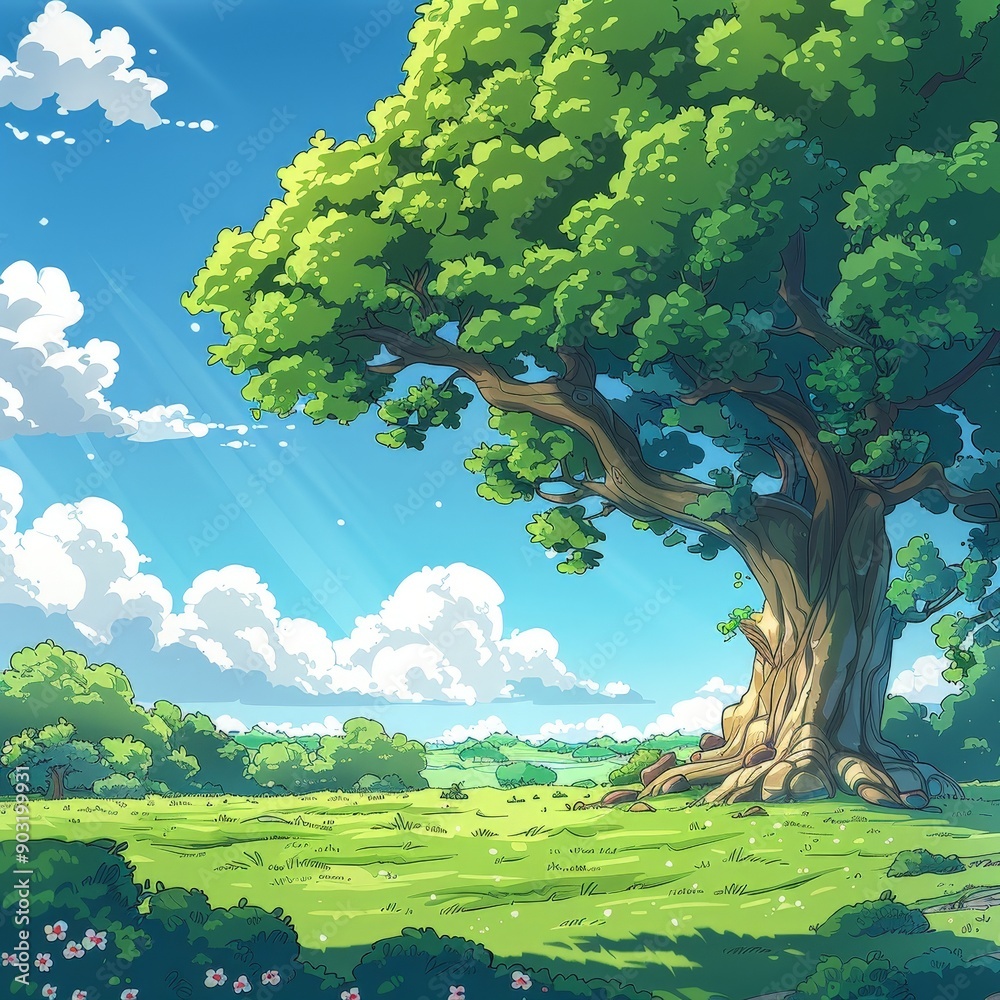 Naklejka premium Serene Cartoon Nature Scene with Lush Greenery