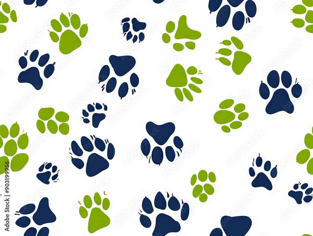 Fototapeta premium A pattern of blue and green paw prints on a white background