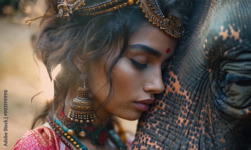 A very beautiful Indian woman rested her cheek against the elephant's ...