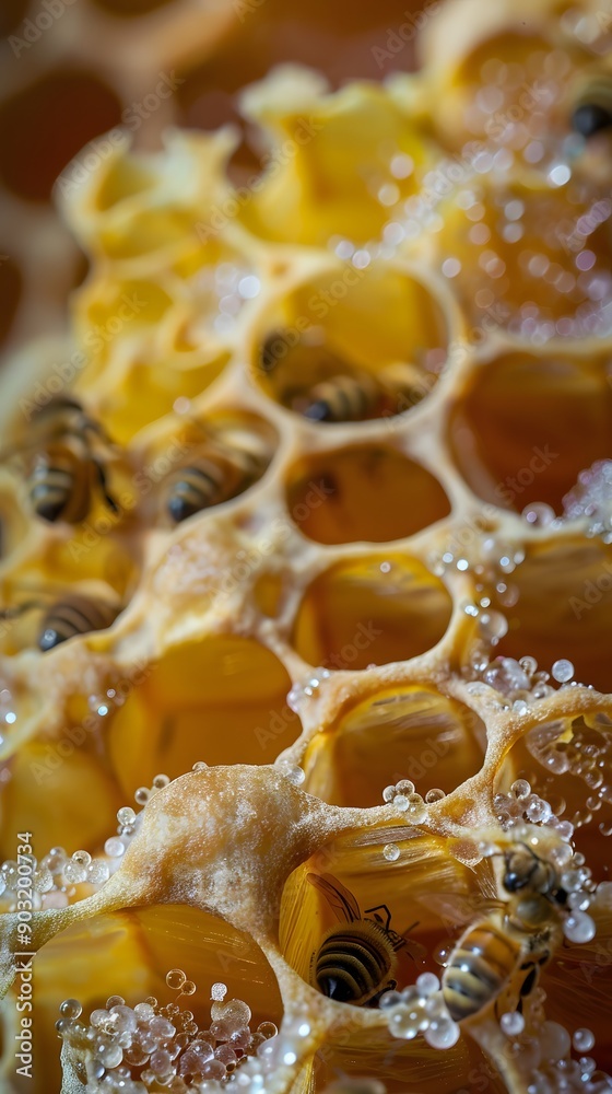 Intricate close-up of bee larvae and cocoons in honeycombs, with a sprinkle of pollen. Intricate close-up of bee larvae and cocoons in honeycombs, with a sprinkle of pollen.