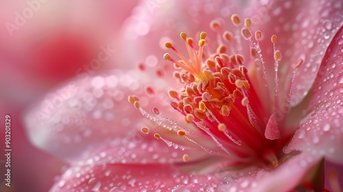 Close up of dewy pink flower petals with vibrant stamen in morning light