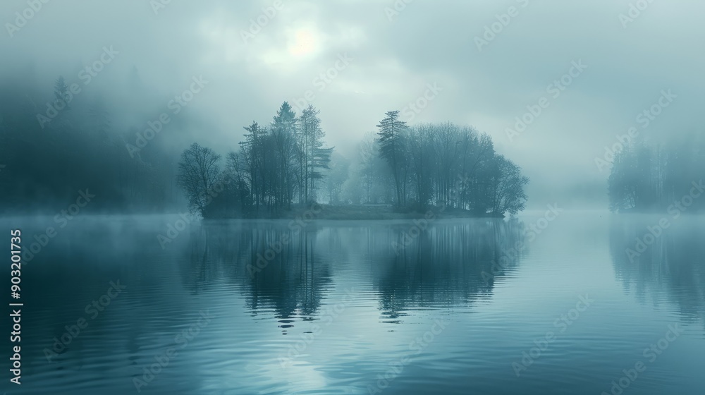 Misty lake reflection with trees and calm waters at dawn Misty lake reflection with trees and calm waters at dawn