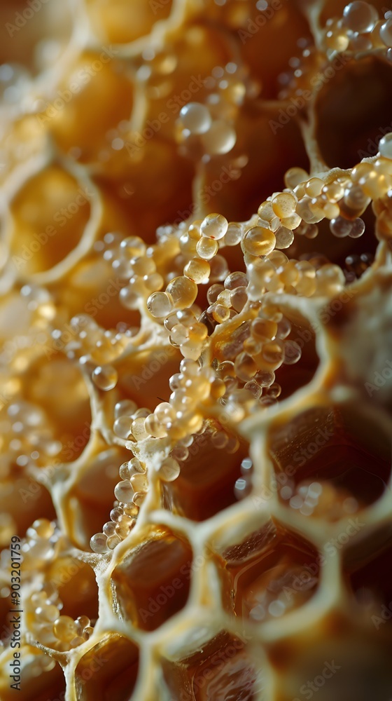 Intricate close-up of bee larvae and cocoons in honeycombs, with a sprinkle of pollen. Intricate close-up of bee larvae and cocoons in honeycombs, with a sprinkle of pollen.