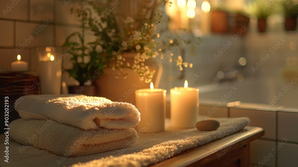 Cozy bath setting with scented candles and soft towels in serenity Cozy bath setting with scented candles and soft towels in serenity