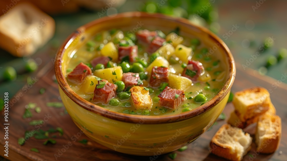 Delicious polish pea soup with smoked meat and potatoes in a rustic setting Delicious polish pea soup with smoked meat and potatoes in a rustic setting