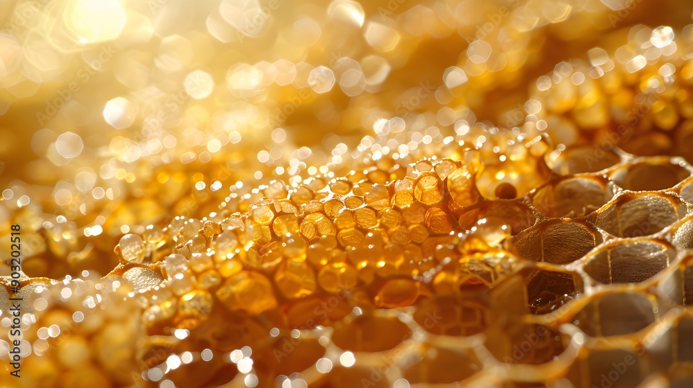 Honeycomb cells filled with bee larvae and shimmering pollen under sunlight. Honeycomb cells filled with bee larvae and shimmering pollen under sunlight.