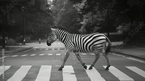 black and white photo of long shot of a zebra walking across abbey road zebra crossing