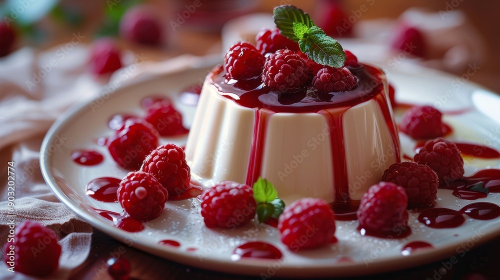 Homemade raspberry panna cotta served with fresh berries and mint in italian kitchen Homemade raspberry panna cotta served with fresh berries and mint in italian kitchen