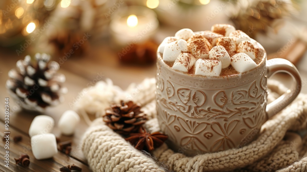Cozy winter cocoa with marshmallows in rustic setting Cozy winter cocoa with marshmallows in rustic setting