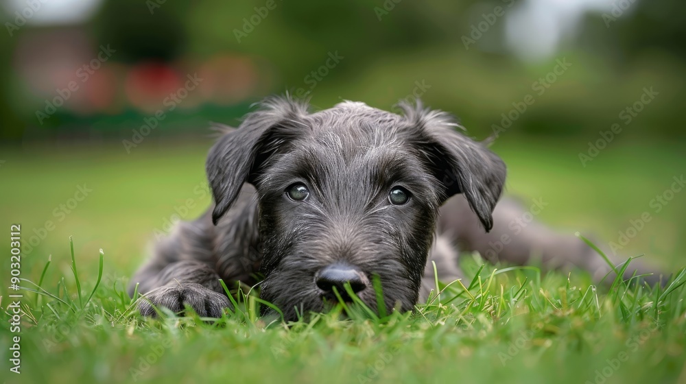 Unhappy irish wolfhound puppy resting on grass in a garden setting on a cloudy day Unhappy irish wolfhound puppy resting on grass in a garden setting on a cloudy day