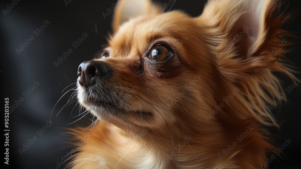 Chihuahua gazing upwards with curiosity in a cozy indoor setting Chihuahua gazing upwards with curiosity in a cozy indoor setting