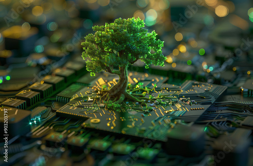 Árvore crescendo no ponto convergente da placa de circuito do computador. Computação verde, tecnologia verde, TI verde, RSE e ética de TI. Conceito de tecnologia verde. Tecnologia verde ambiental.
