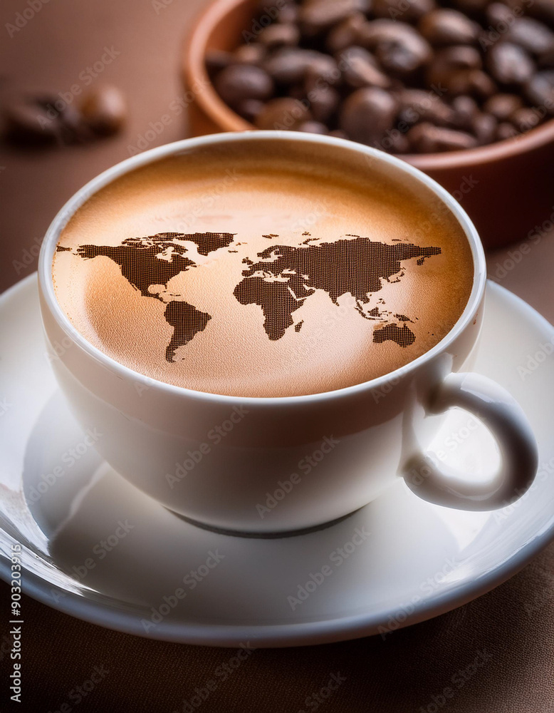 coffee cup with beans world map illustration represents international day of coffee coffee cup with beans world map illustration represents international day of coffee
