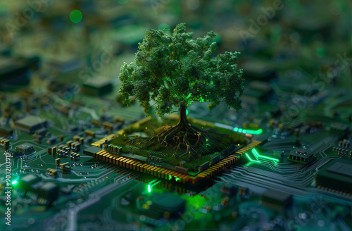 Árvore crescendo no ponto convergente da placa de circuito do computador. Computação verde, tecnologia verde, TI verde, RSE e ética de TI. Conceito de tecnologia verde. Tecnologia verde ambiental.