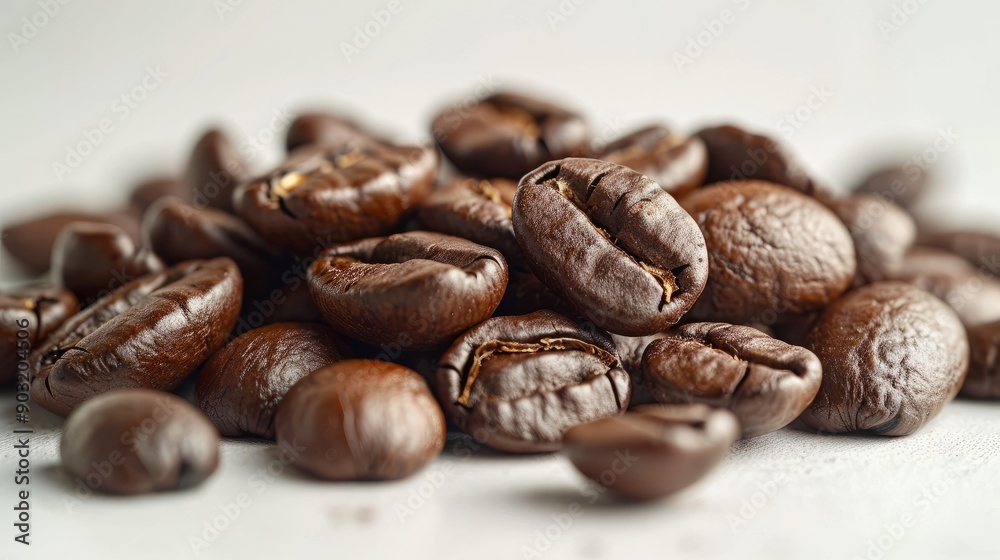 Rich dark coffee beans piled on clean white surface Rich dark coffee beans piled on clean white surface