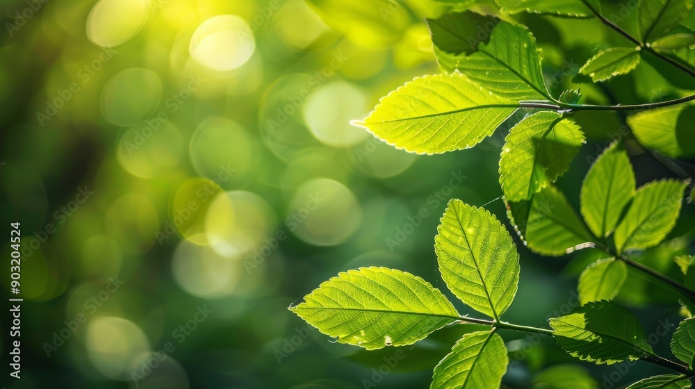 Lush green leaves against a soft green background in nature's warm glow Lush green leaves against a soft green background in nature's warm glow