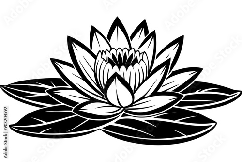  Water lily silhouette black linocut vector art illustration 