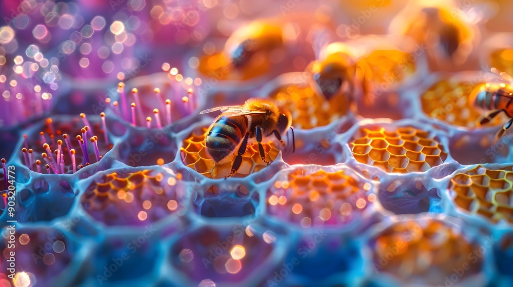 Close-up of developing bee cocoons in honeycombs, surrounded by colorful pollen. Close-up of developing bee cocoons in honeycombs, surrounded by colorful pollen.
