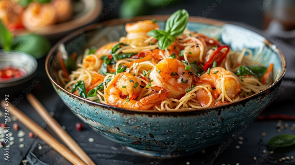 Shrimp and vegetable stir-fried noodles in a rustic bowl with fresh basil