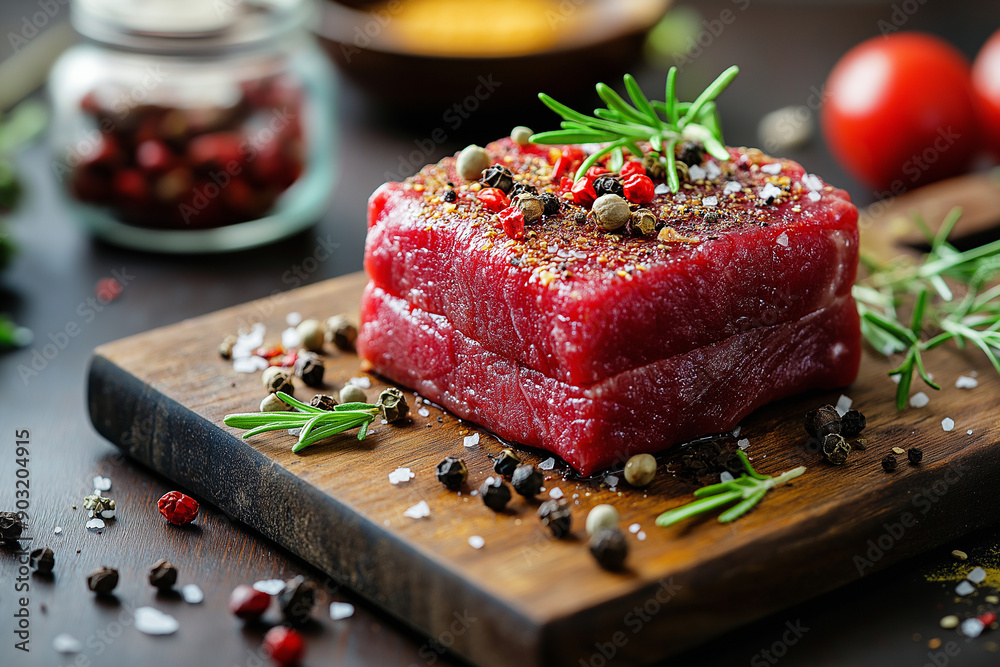 Raw beef on a wooden board with herbs and spices in a rustic kitchen background for cooking meat or river vegetables Raw beef on a wooden board with herbs and spices in a rustic kitchen background for cooking meat or river vegetables