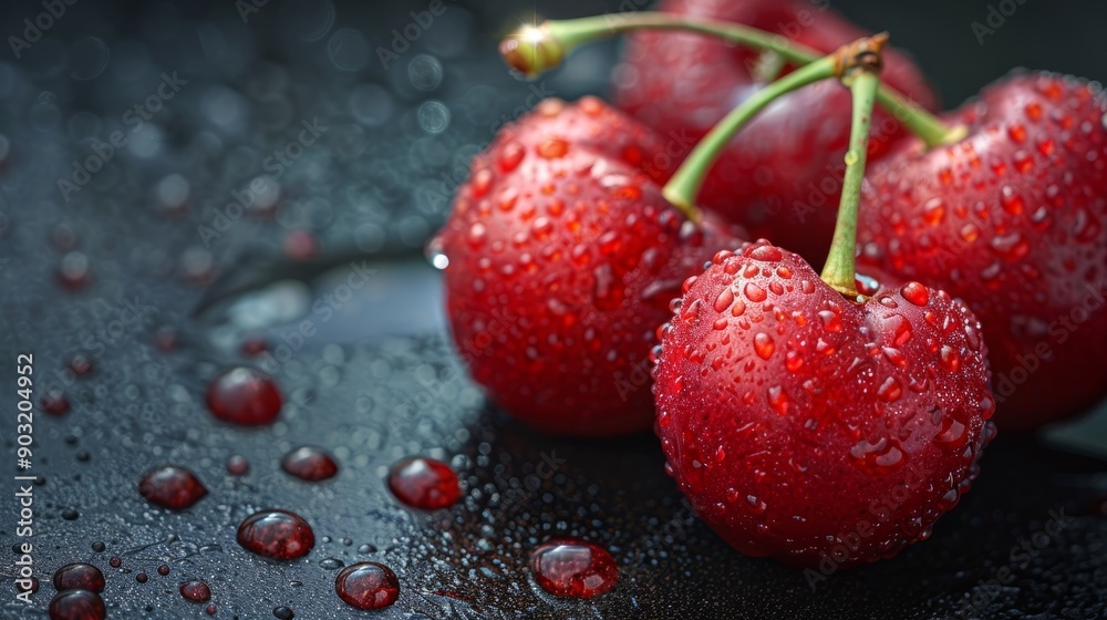 Freshly picked red cherries with dew drops against dark background Freshly picked red cherries with dew drops against dark background