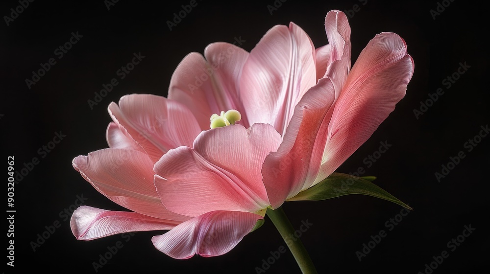 Delicate pink tulip blooming on a tall stem against a dark background Delicate pink tulip blooming on a tall stem against a dark background