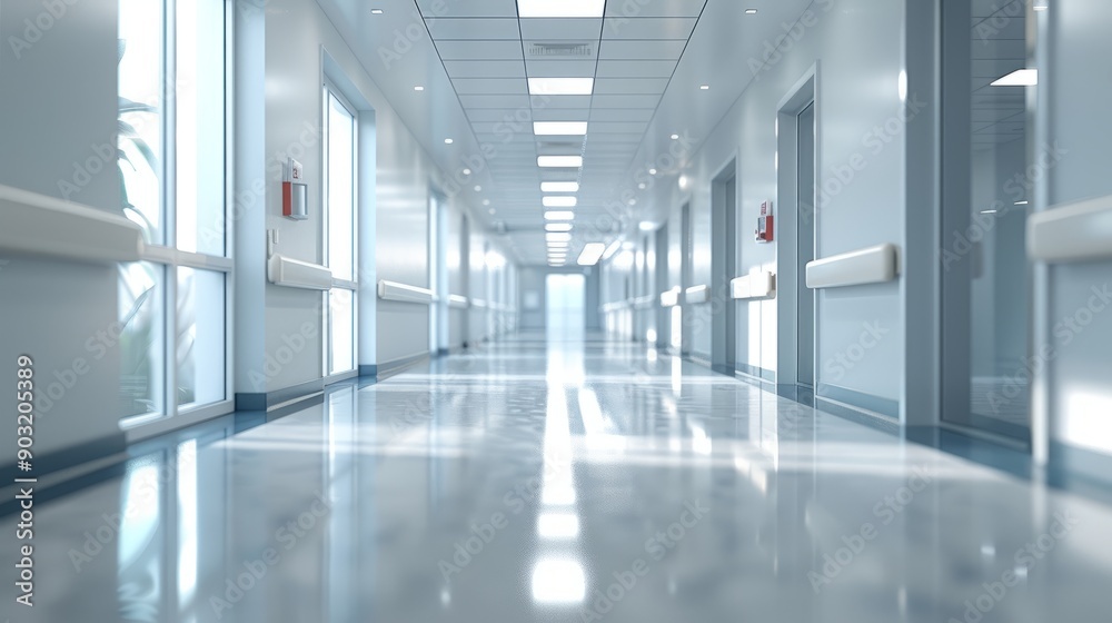 Modern hospital corridor with panoramic windows and clean flooring Modern hospital corridor with panoramic windows and clean flooring