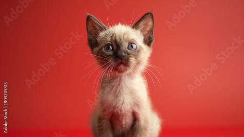 Twelve day old oriental kitten against red background