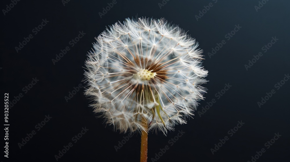 Dandelion seed head with delicate fluff against a black background Dandelion seed head with delicate fluff against a black background
