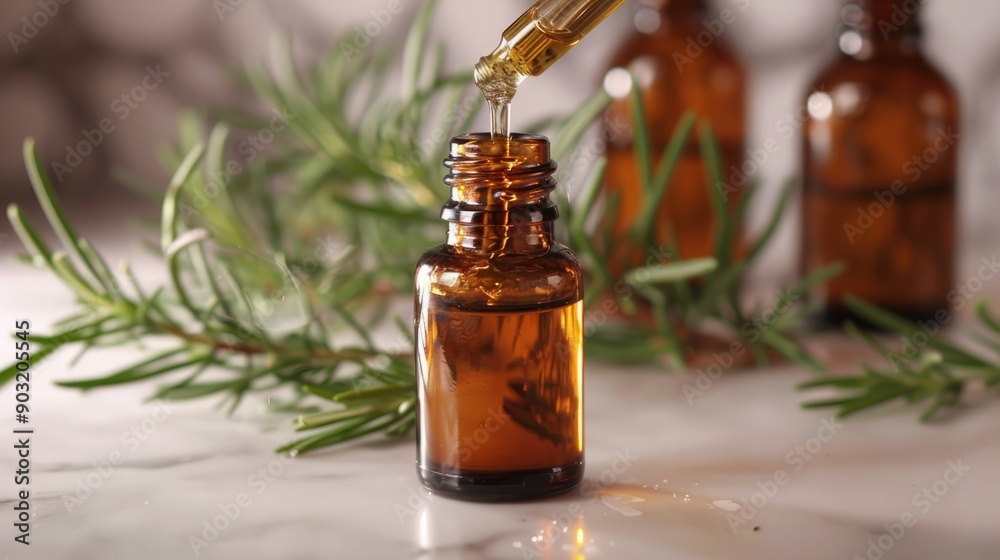 Closeup of a bottle being filled with pure tea tree oil on a marble surface Closeup of a bottle being filled with pure tea tree oil on a marble surface
