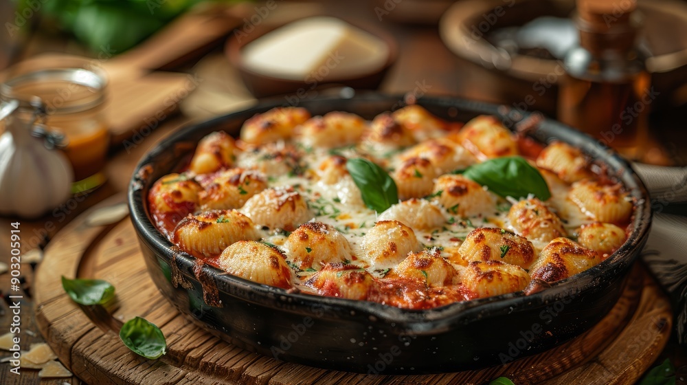 Gnocchi sorrento style topped with melted cheese on rustic wooden table Gnocchi sorrento style topped with melted cheese on rustic wooden table
