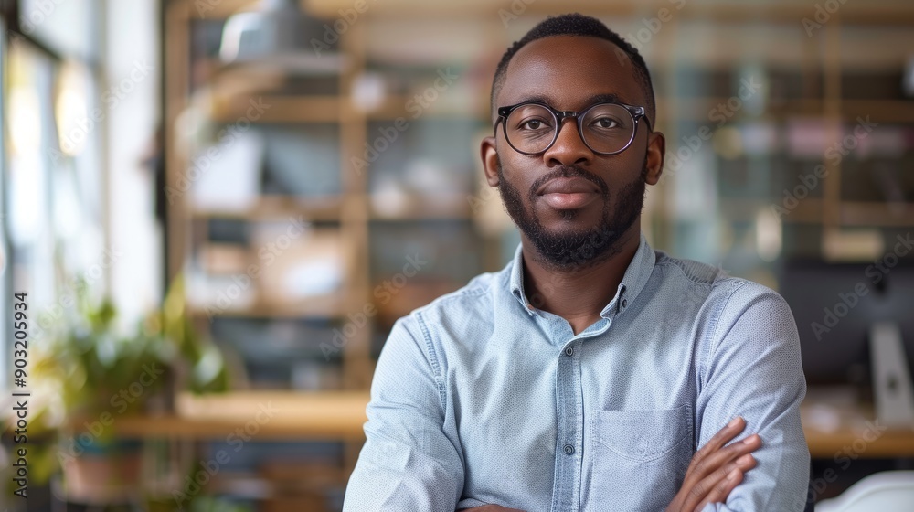 Obraz premium Portrait of confident african american male professional in modern office setting